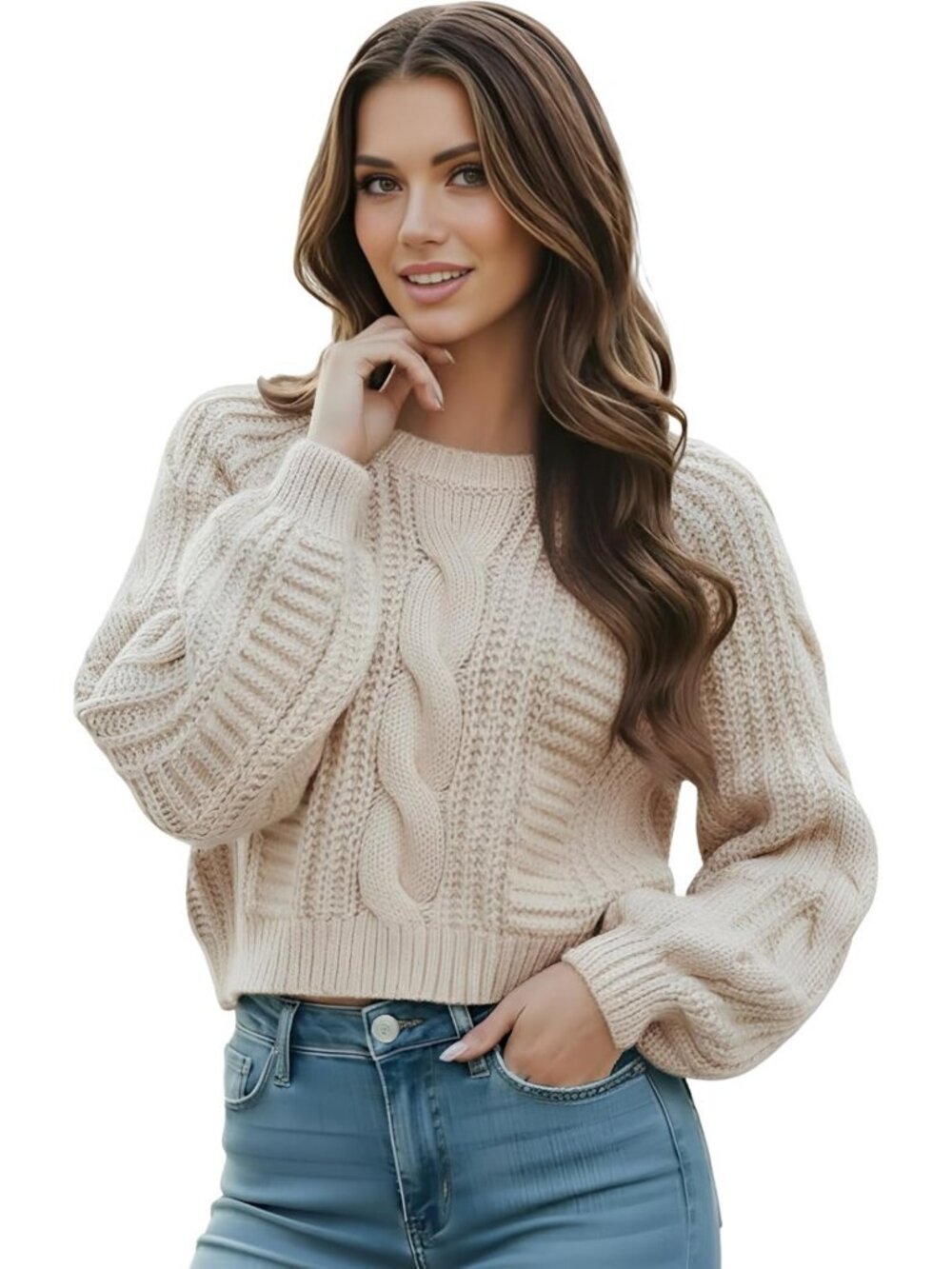 Cozy Cropped Cable Knit Sweater | Soft Long Sleeve Pullover for Fall & Winter